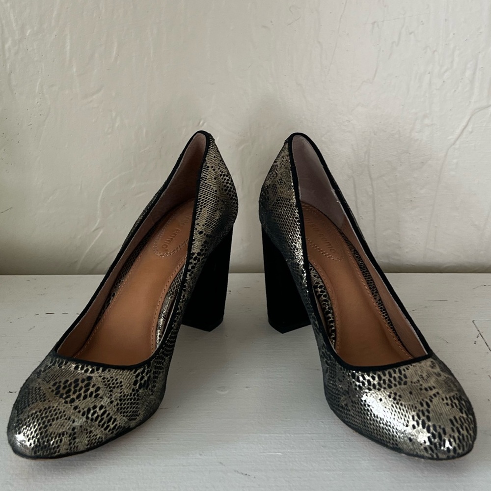 Corso Como High Heel Shoes Size 7.5 Black Gold Foil Suede Block Heel